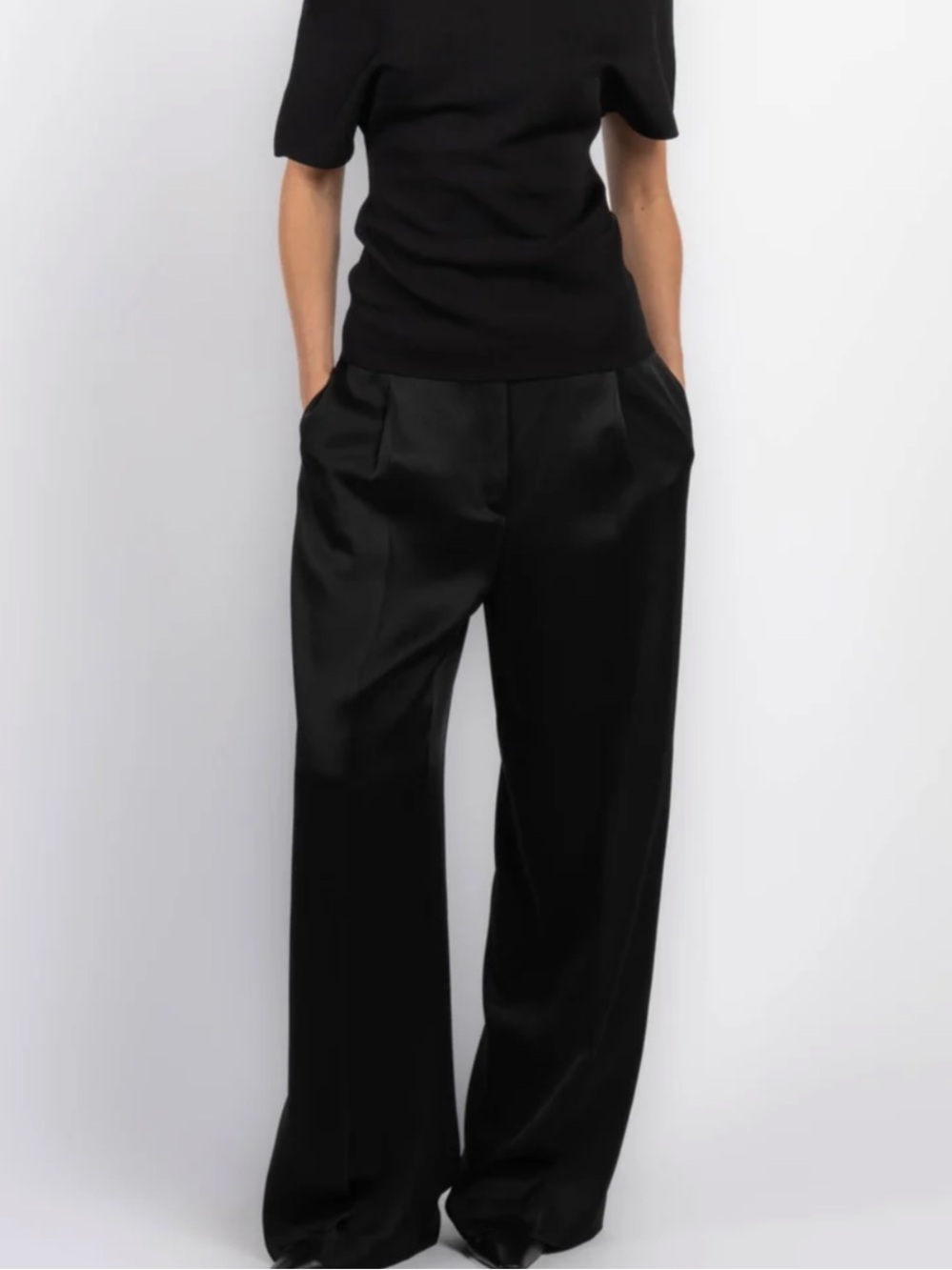 Rohe High-Rise Wide-Leg Satin Pants in Black with drawstring detail